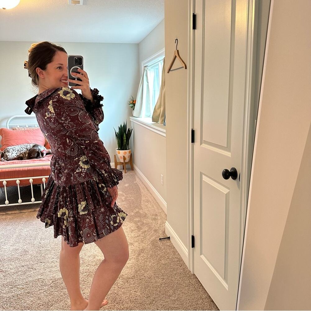 Ulla Johnson Maroon Blue Floral Long Sleeve Mini Dress 2 - Picture 5 of 12